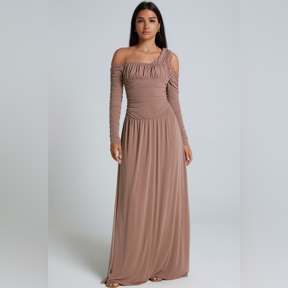 Tanya Taylor taupe one shoulder ruched maxi dress long sleeves - Picture 1 of 5